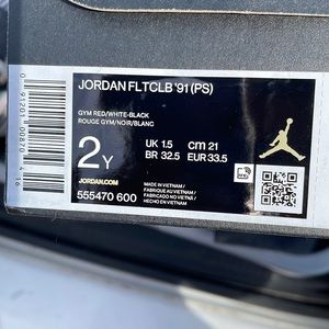 Boys size 2Y Jordan’s FLTCLB ‘91 NEW IN BOX. Only worn once.